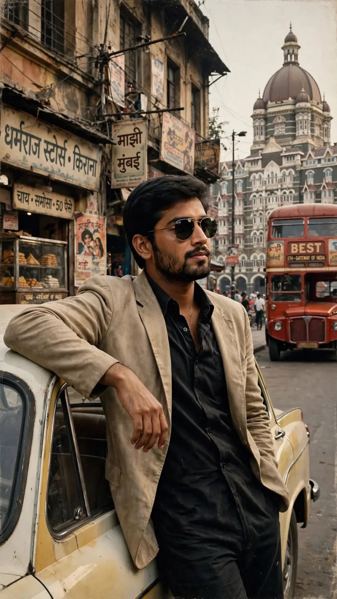 1980s Bombay Hero Beige Blazer Retro Portrait AI Photo Prompt preview example result