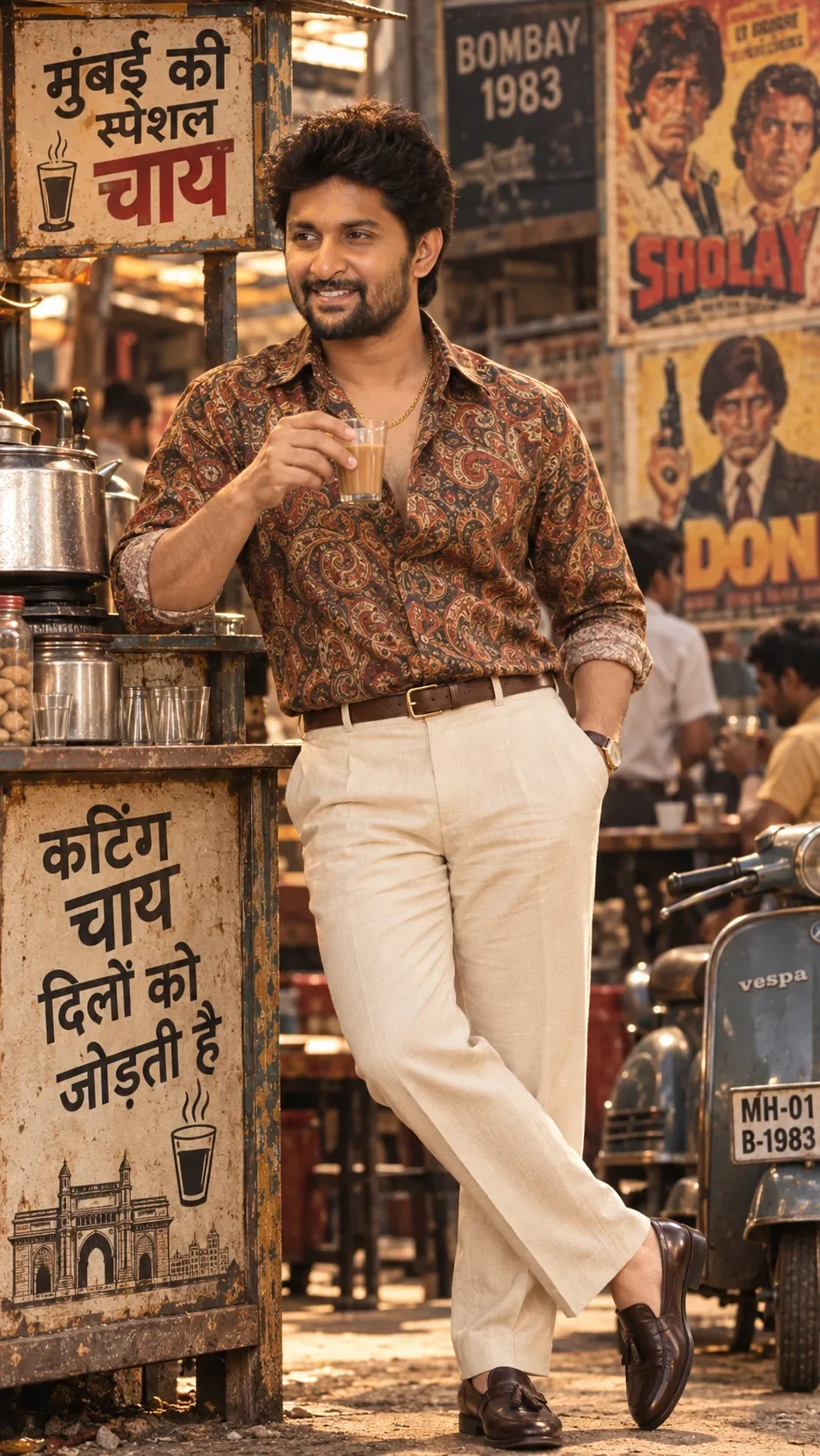 1980s Mumbai Chai Tapri Retro Bollywood AI Photo Prompt preview example result