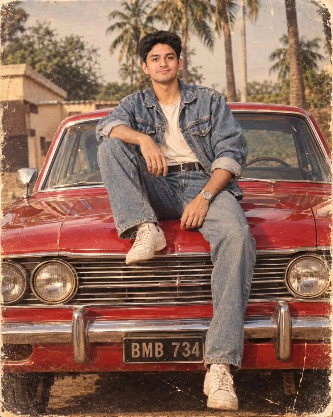 1980s Retro Bollywood Action Hero Vintage Car AI Photo Prompt preview example result