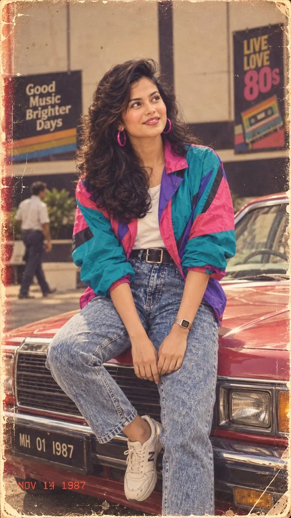 1980s Retro Female in Windbreaker on Classic Red Car AI Photo Prompt preview example result
