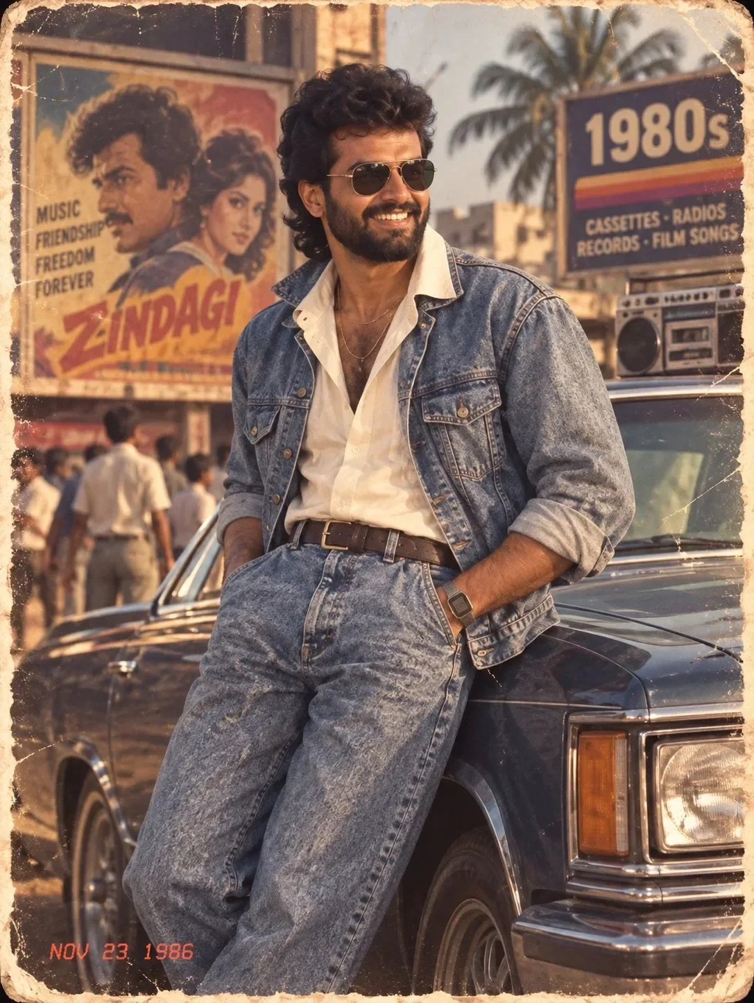 1980s Retro Indian Male Leaning on Classic Sedan AI Photo Prompt preview example result
