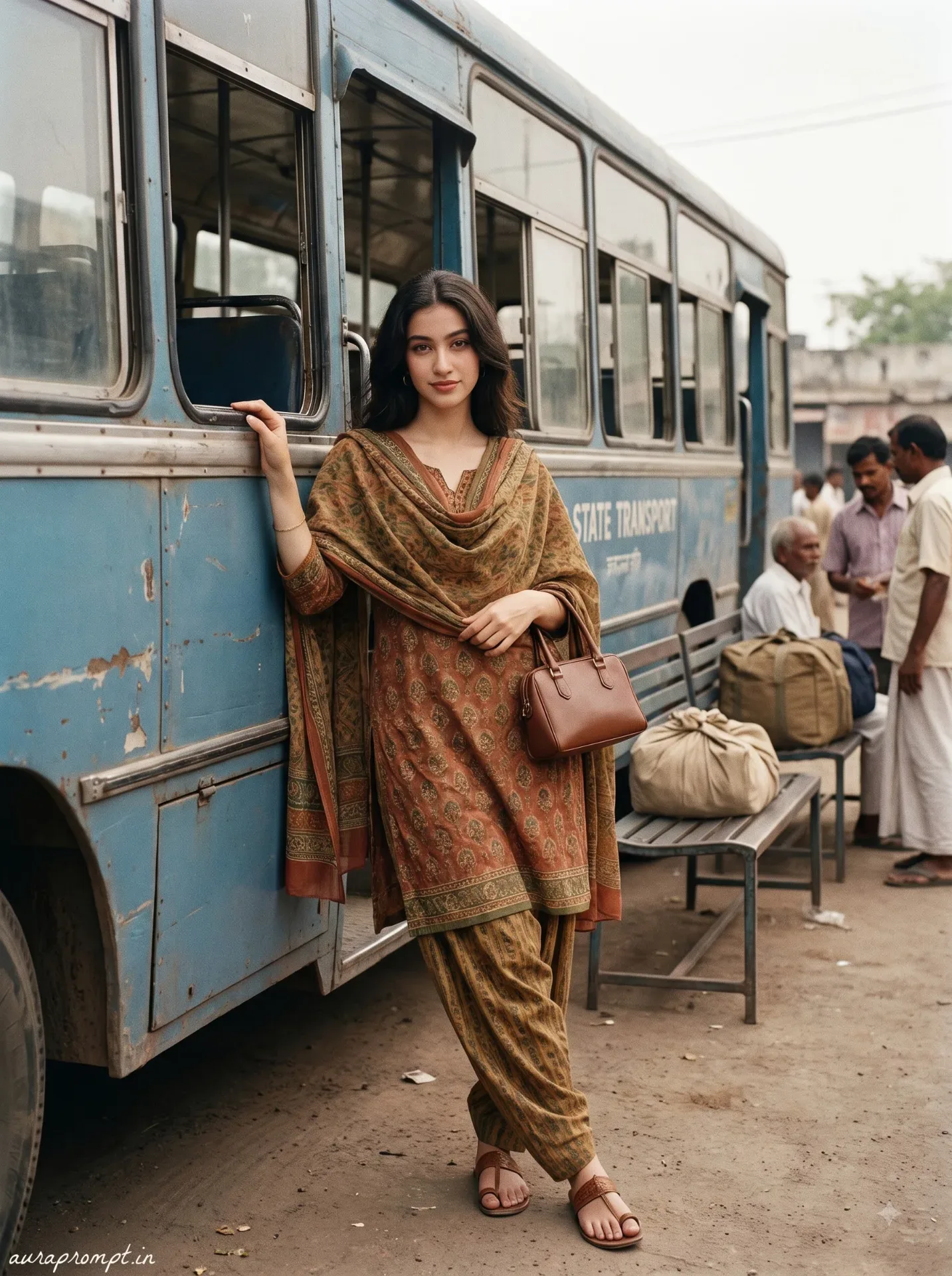 1987 Indian Bus Station Retro Travel Portrait AI Photo Prompt preview example result