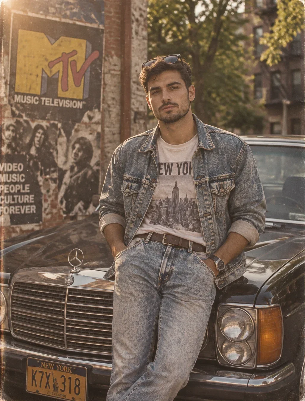 1990s Aesthetic Male Leaning on Vintage Sedan AI Photo Prompt preview example result