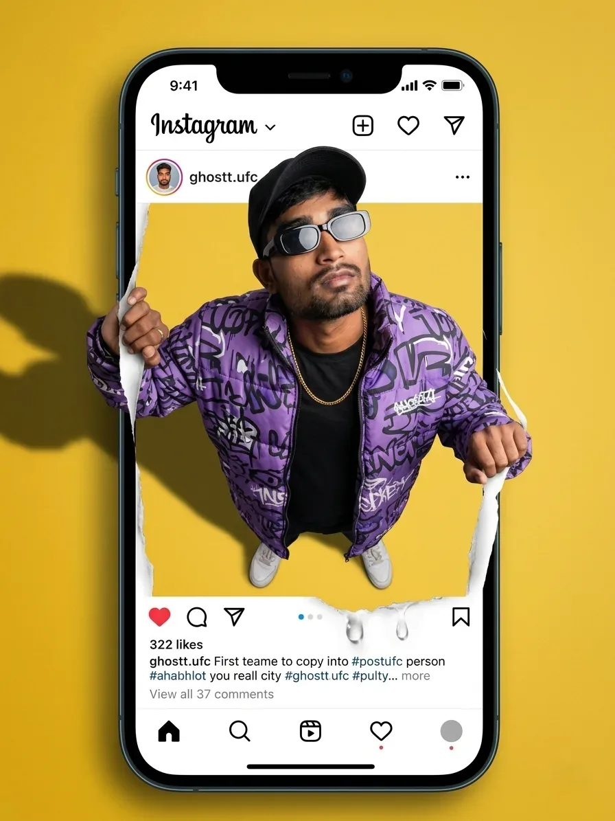 3D Instagram Post Pop-out Male Portrait In Purple Graffiti Puffer AI Photo Prompt preview example result