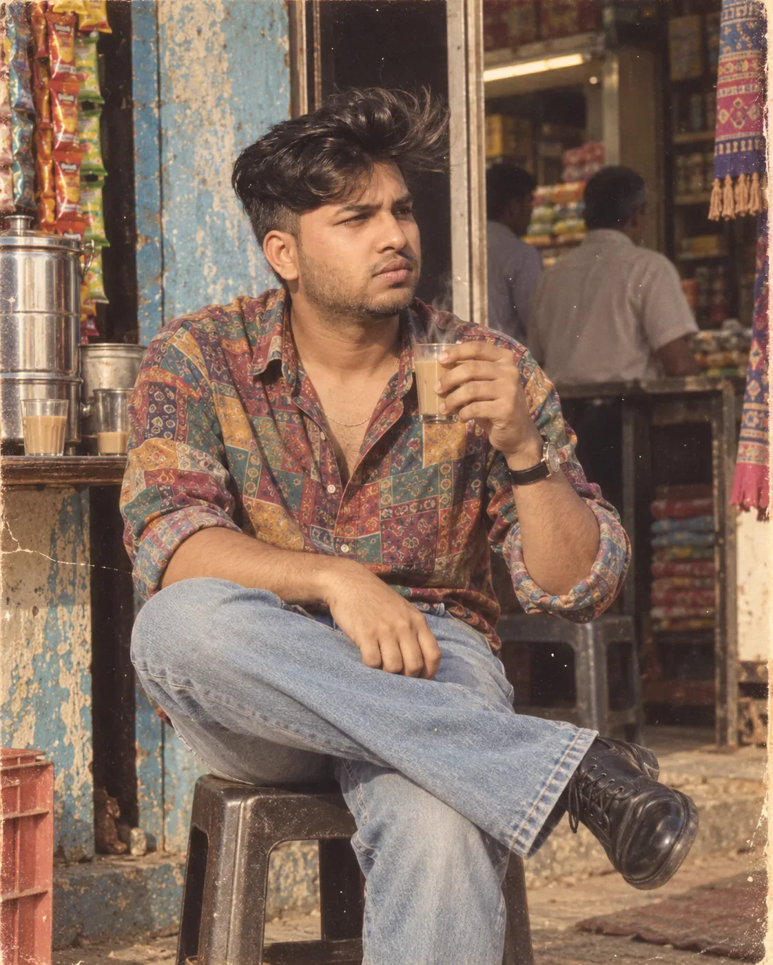 80s Chai Break Vintage Indian Street Portrait AI Photo Prompt preview example result