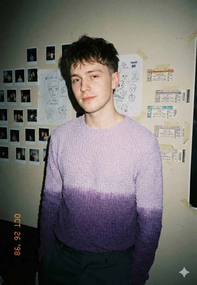90s Film Aesthetic Flash Portrait Of Young Man In Ombre Boucle Sweater AI Photo Prompt preview example result