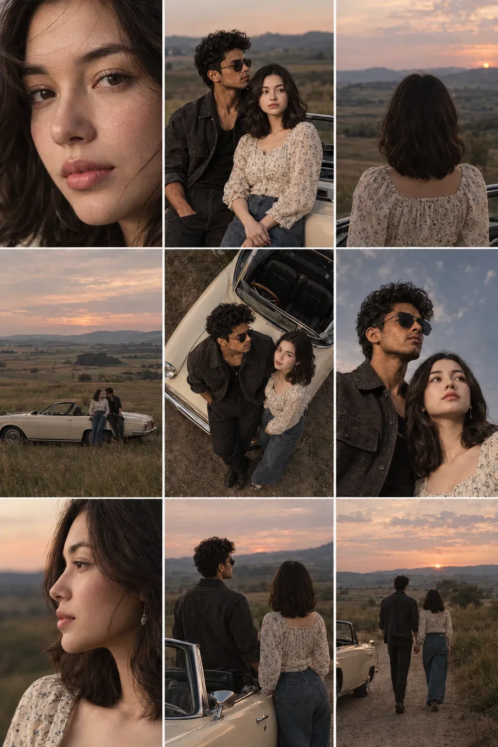 A Cinematic 3*3 Grid Of Film-still Frames Featuring The Couple During A Quiet Countryside Road Stop At Dusk AI Photo Prompt preview example result