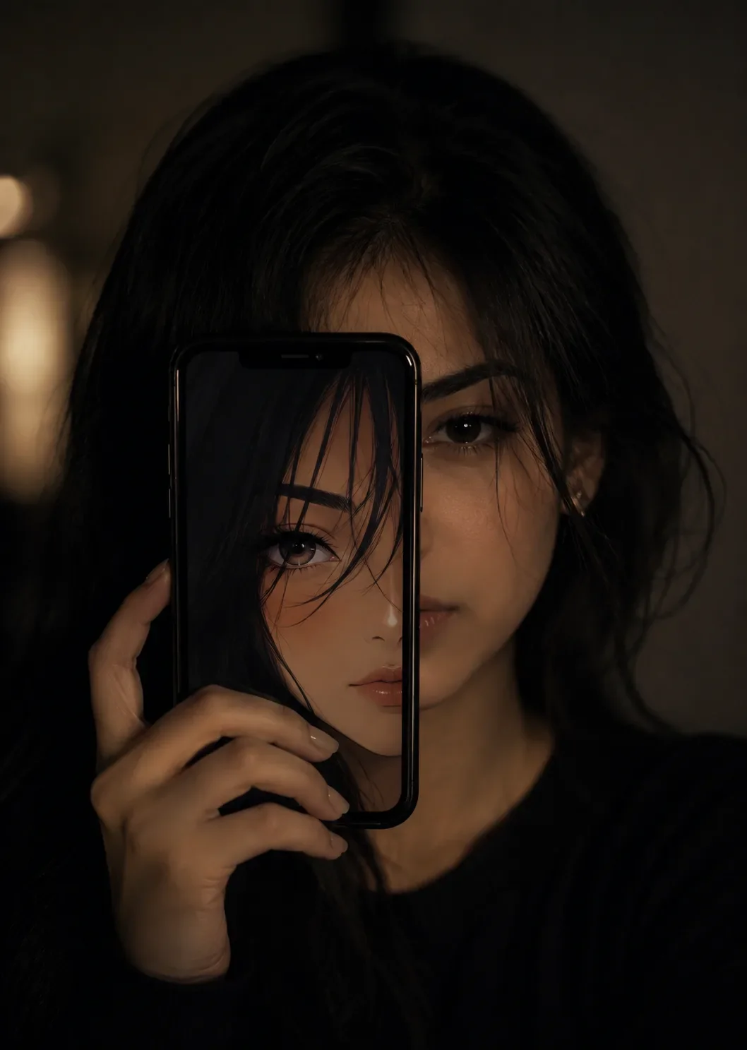 A Cinematic Portrait On The Phone Screen With A Hyper Stylish 2d Anime Girl Face AI Photo Prompt preview example result