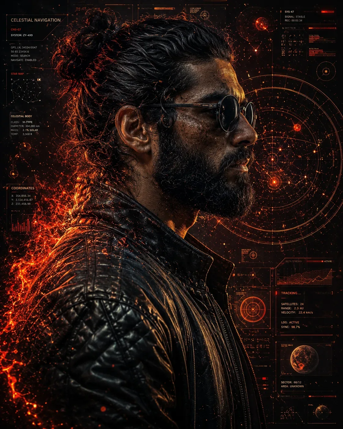 A Cinematic Side-profile Portrait Of A Rugged Man With A Tied-back Bun And Full Beard, Wearing Round Dark Sunglasses And AI Photo Prompt preview example result