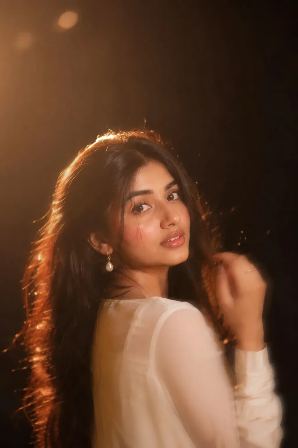 A cinematic, soft-focus portrait of a young woman preview example result
