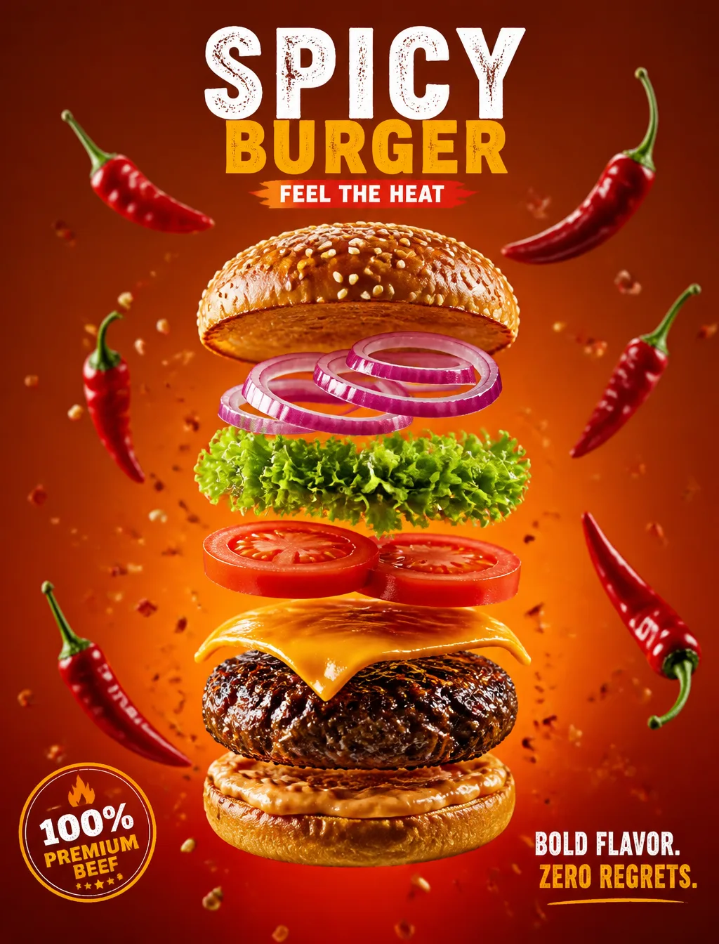 A Deconstructed Gourmet Cheeseburger Floats Vertically AI Photo Prompt generated preview