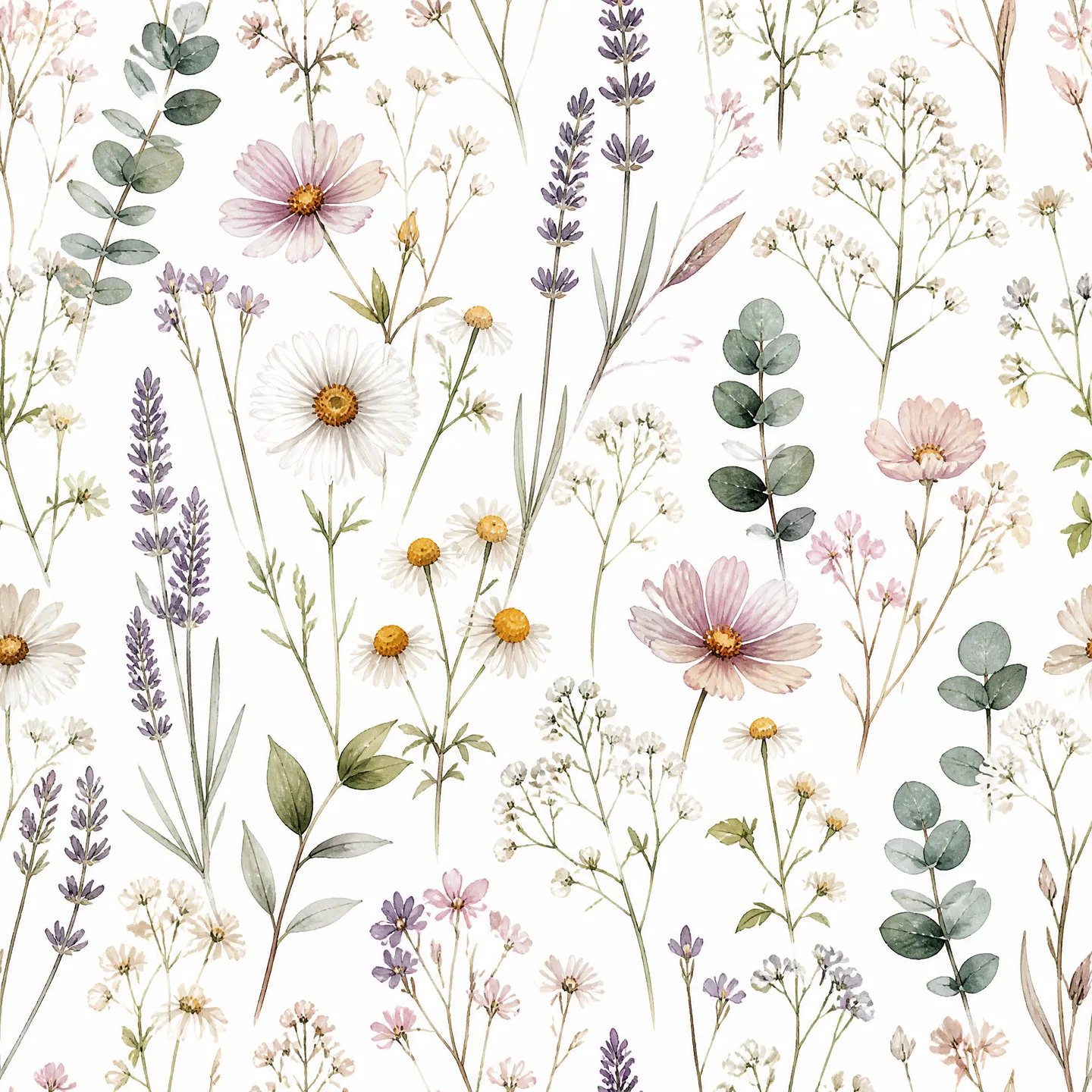A Delicate Watercolor Wildflower Botanical Pattern Featuring Daisies AI Photo Prompt generated preview