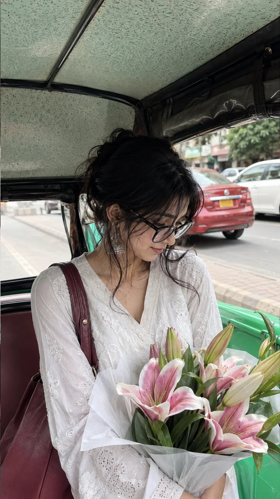 A Hyper-realistic , Candid Medium Shot Of A Young Indian Women Sitting Inside An Open Air Car AI Photo Prompt preview example result