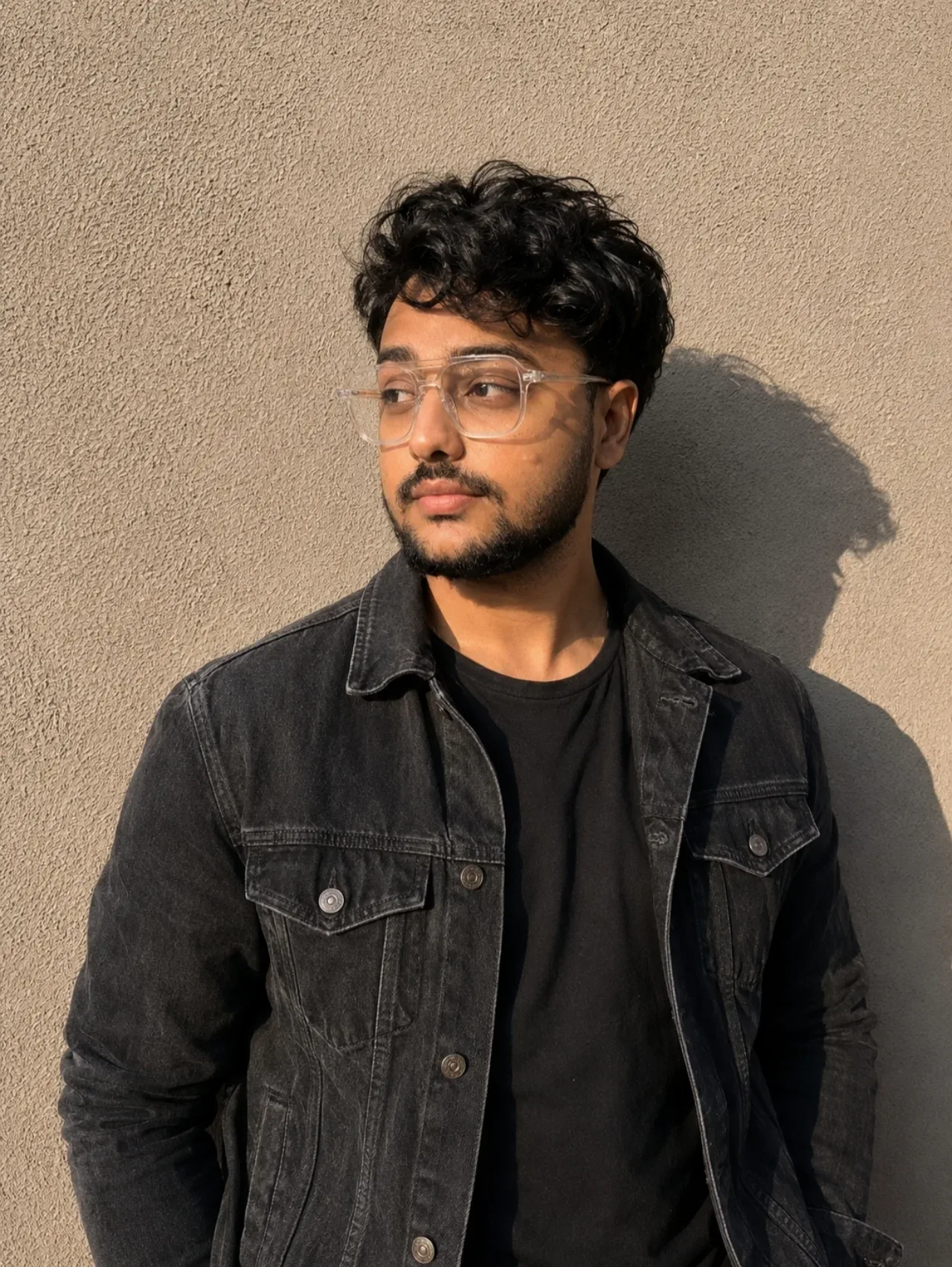 A Man Standing With A Wall On Warm Light AI Photo Prompt preview example result