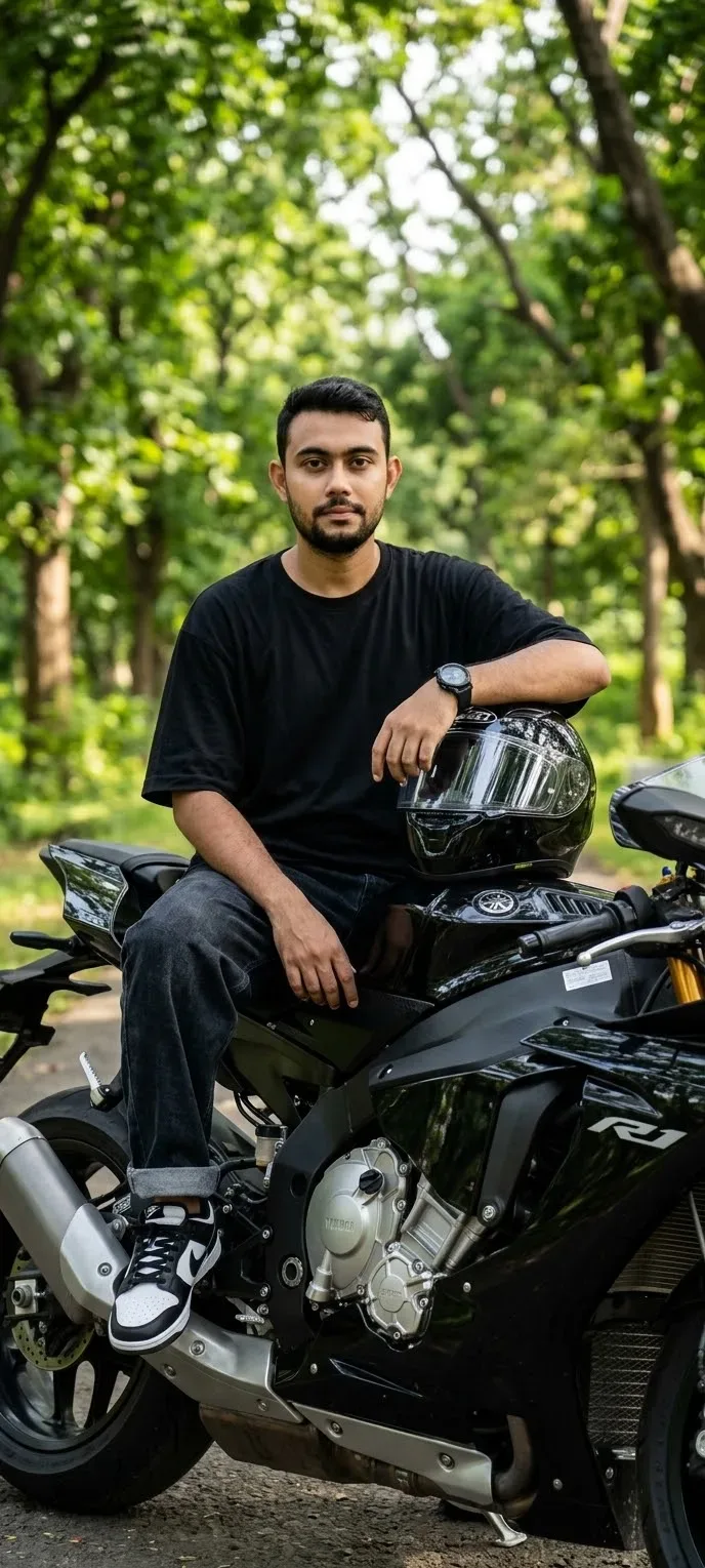 A Man With His R1 On A Forest Path AI Photo Prompt preview example result
