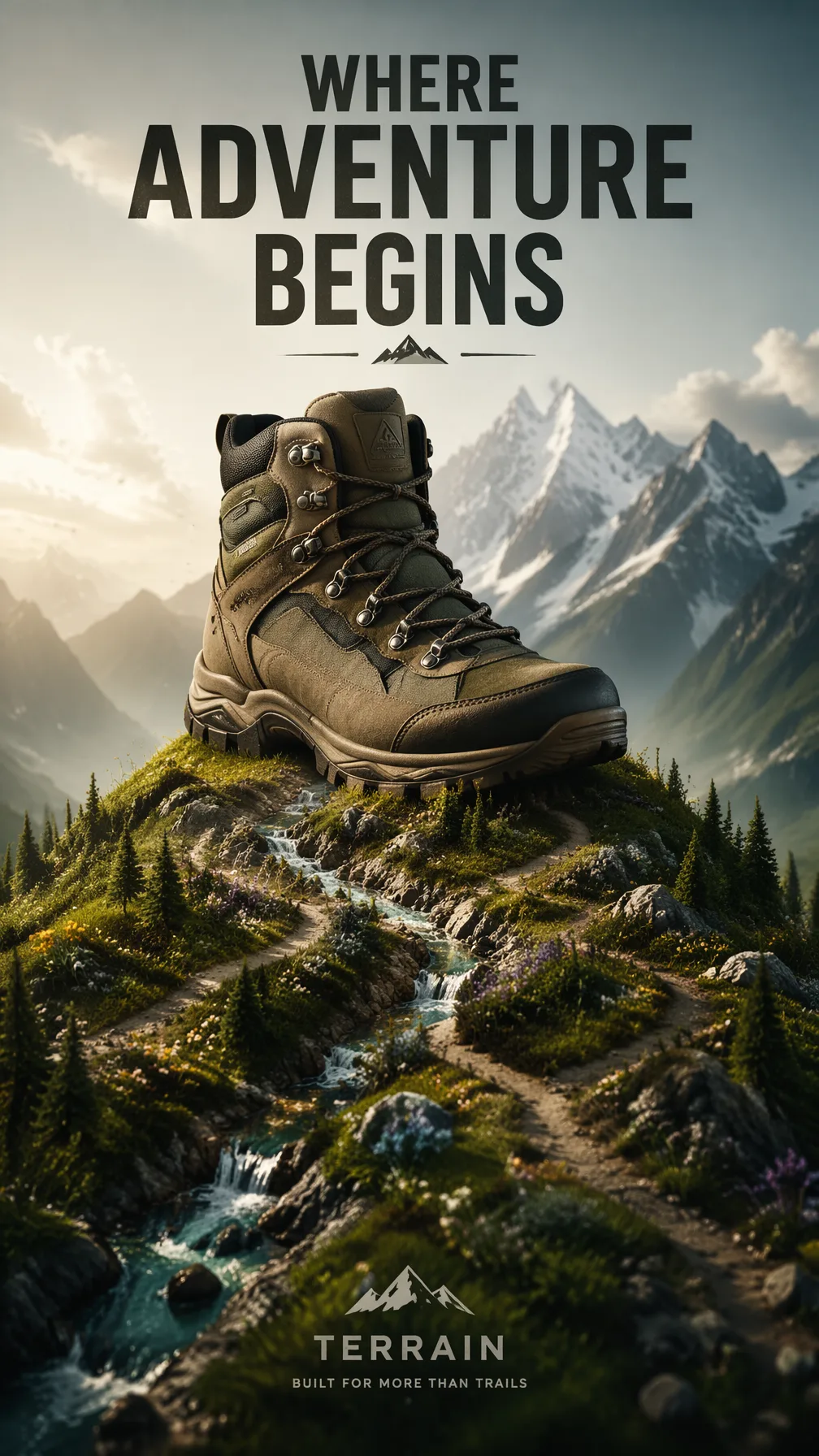 A Premium 9:16 Outdoor Footwear Advertising Poster AI Photo Prompt generated preview