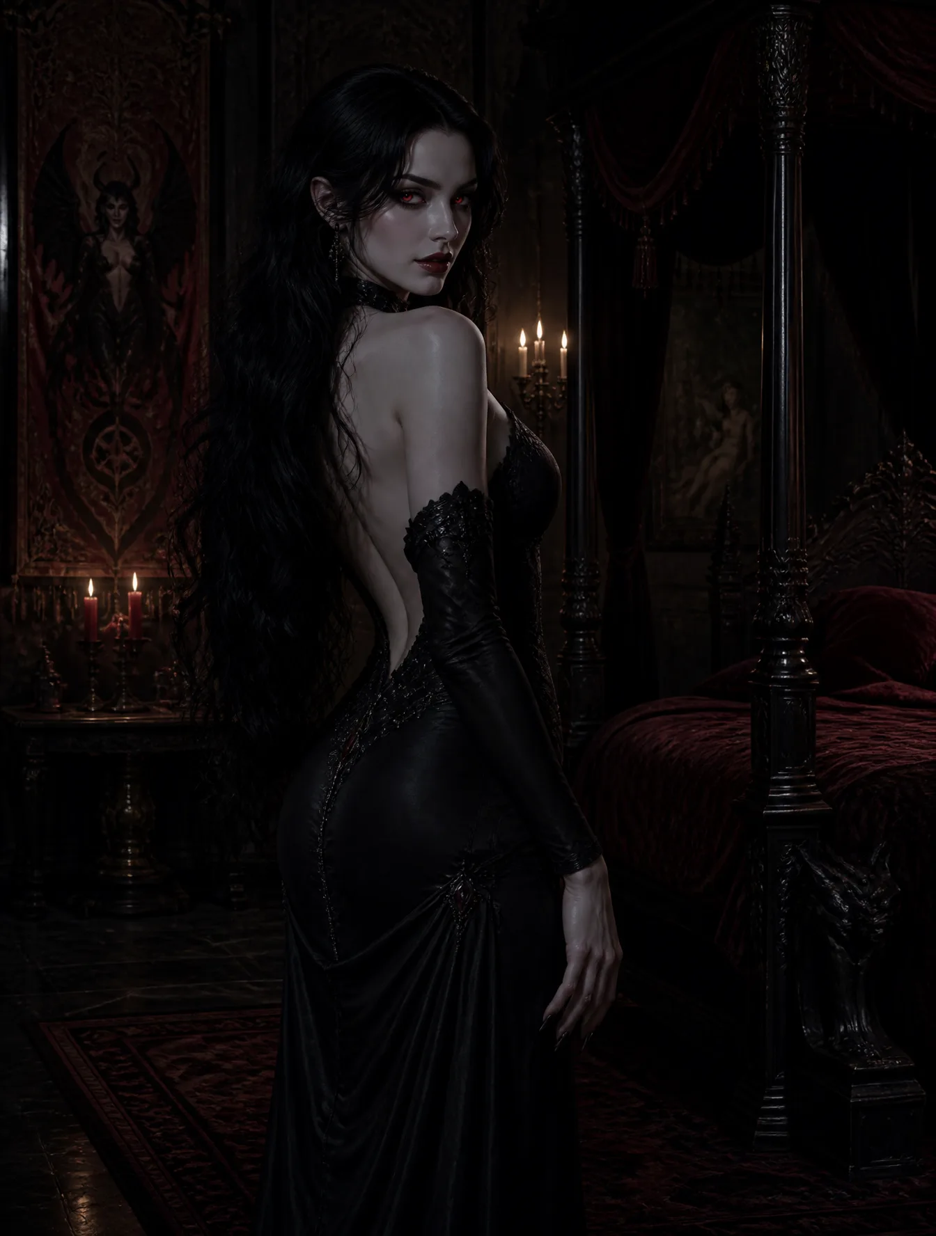 A Succubus Stands In A Dimly Lit Chamber AI Photo Prompt generated preview