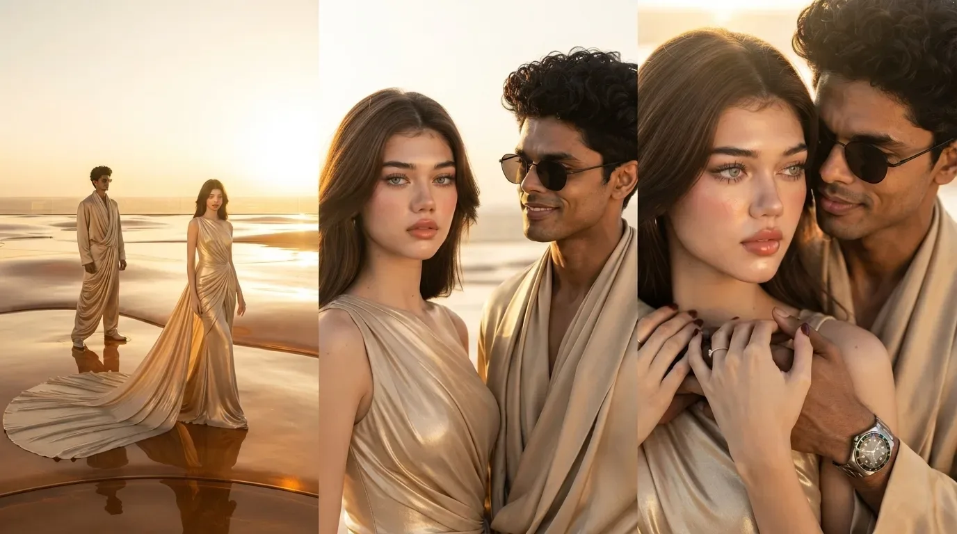A Three Panel High Fashion Editorial Spread AI Photo Prompt preview example result