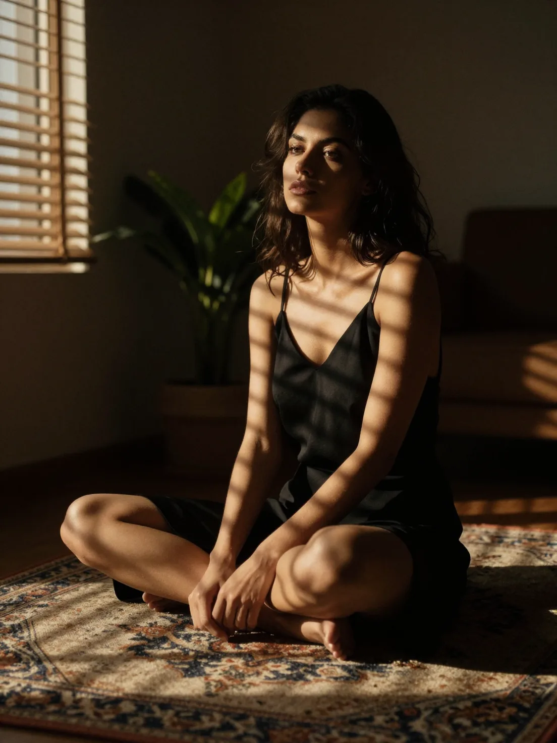 A Woman Sits Cross-Legged On A AI Photo Prompt generated preview