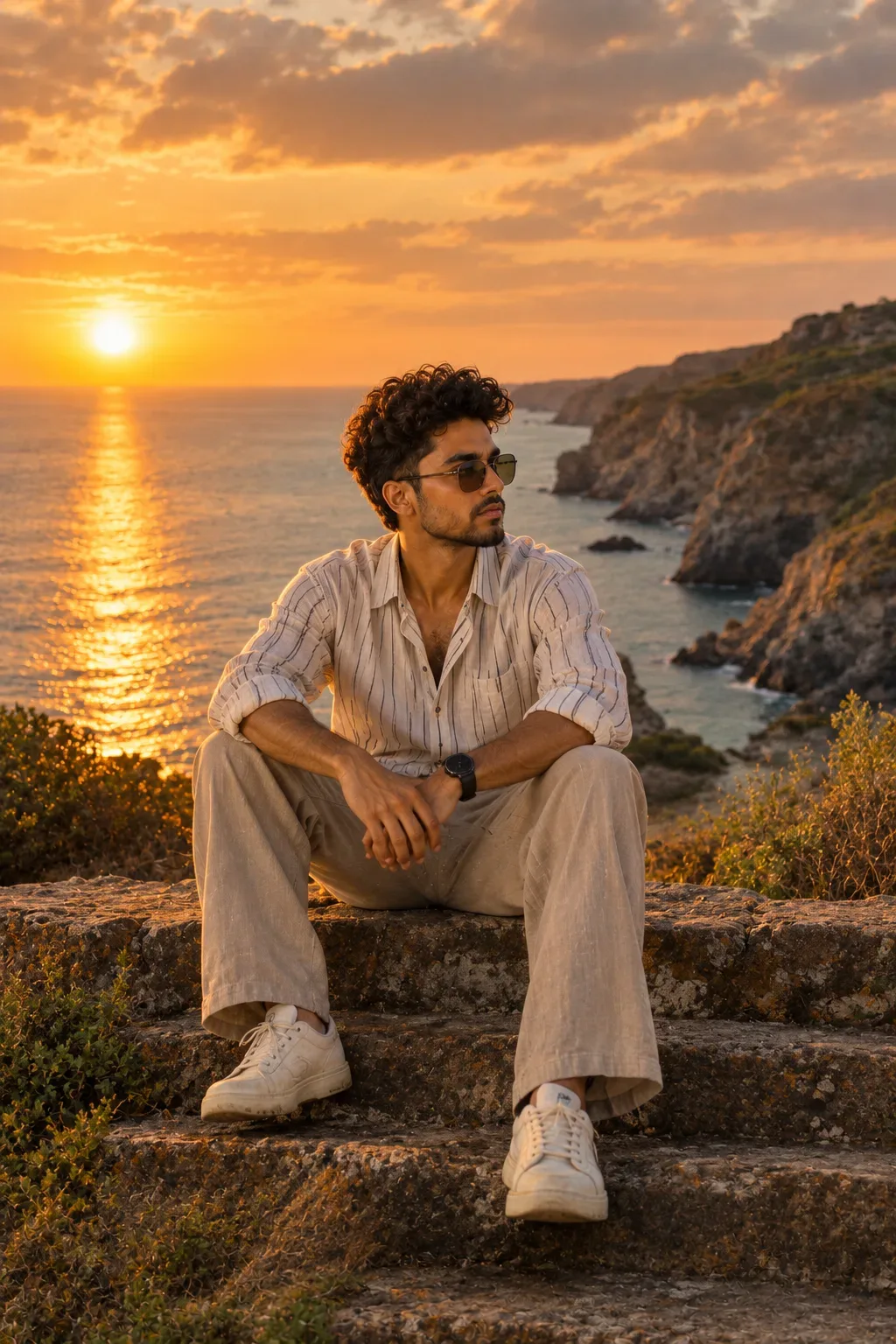 A Young Bearded Man Sits Calmly On Weathered AI Photo Prompt preview example result