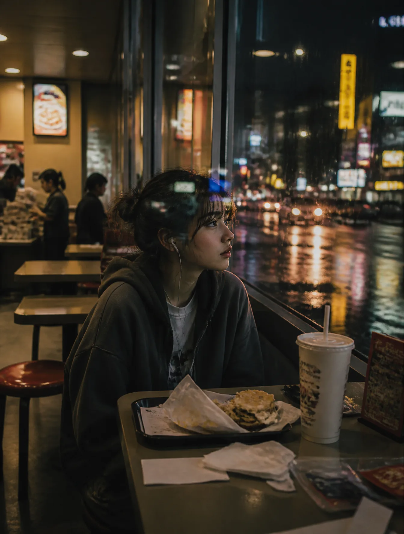 A Young Woman Sitting Alone Inside AI Photo Prompt generated preview