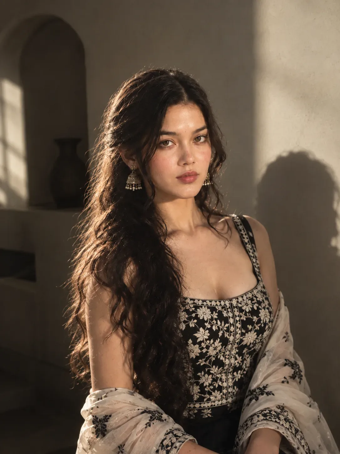 A Young Woman With Long, Dark, Voluminous AI Photo Prompt preview example result
