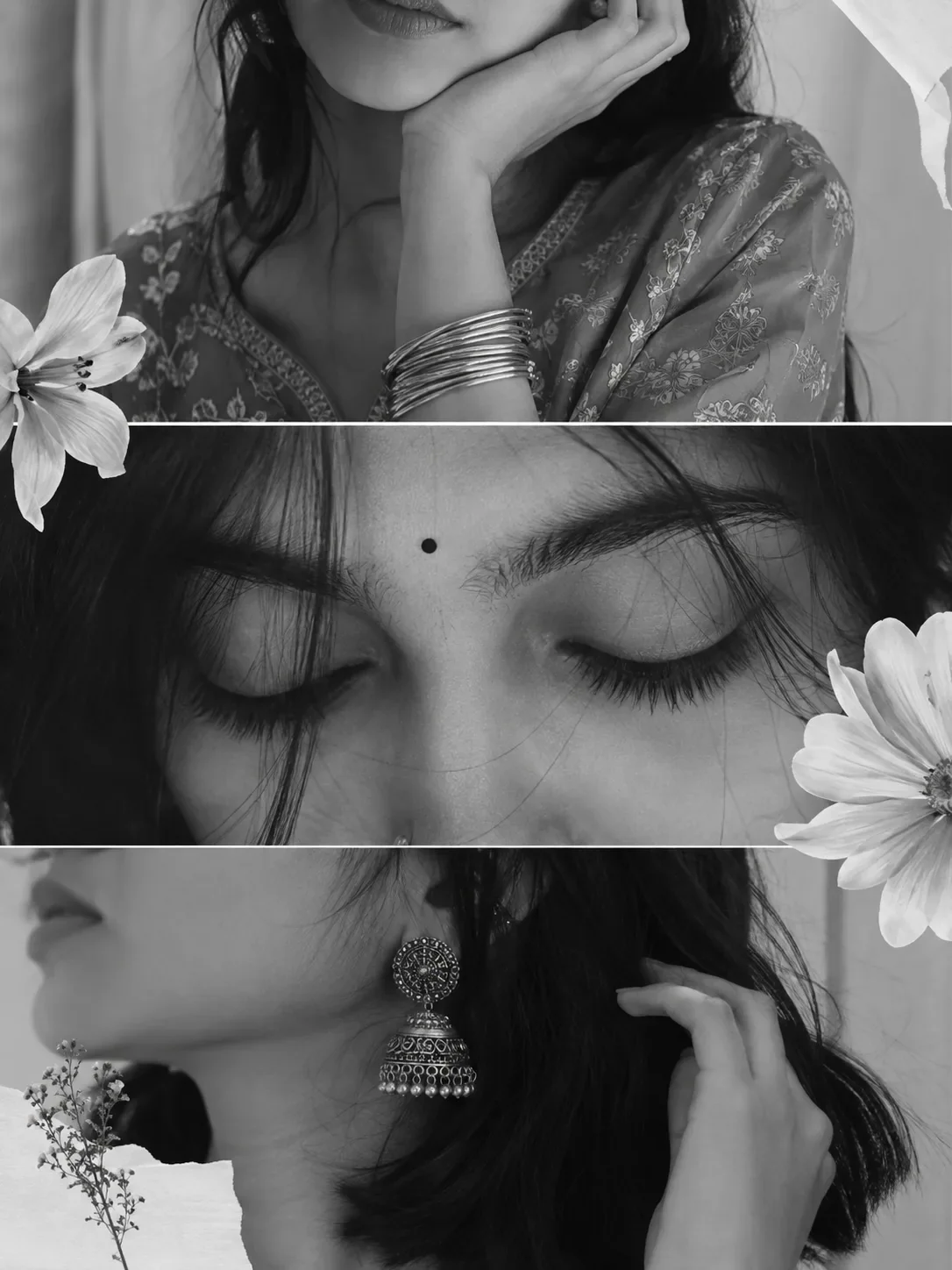 Aesthetic Black-and-white Editorial Collage Of A Young Indian Woman. Vertical 3:4 Instagram Portrait Layout AI Photo Prompt preview example result