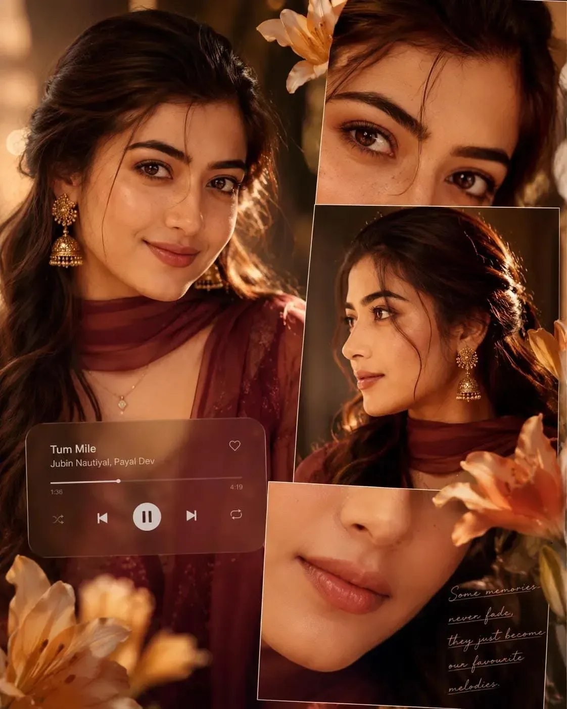 Aesthetic Scrapbook Collage Of A Beautiful South Asian Woman With A Translucent Music Player Widget And Romantic Typogra AI Photo Prompt preview example result