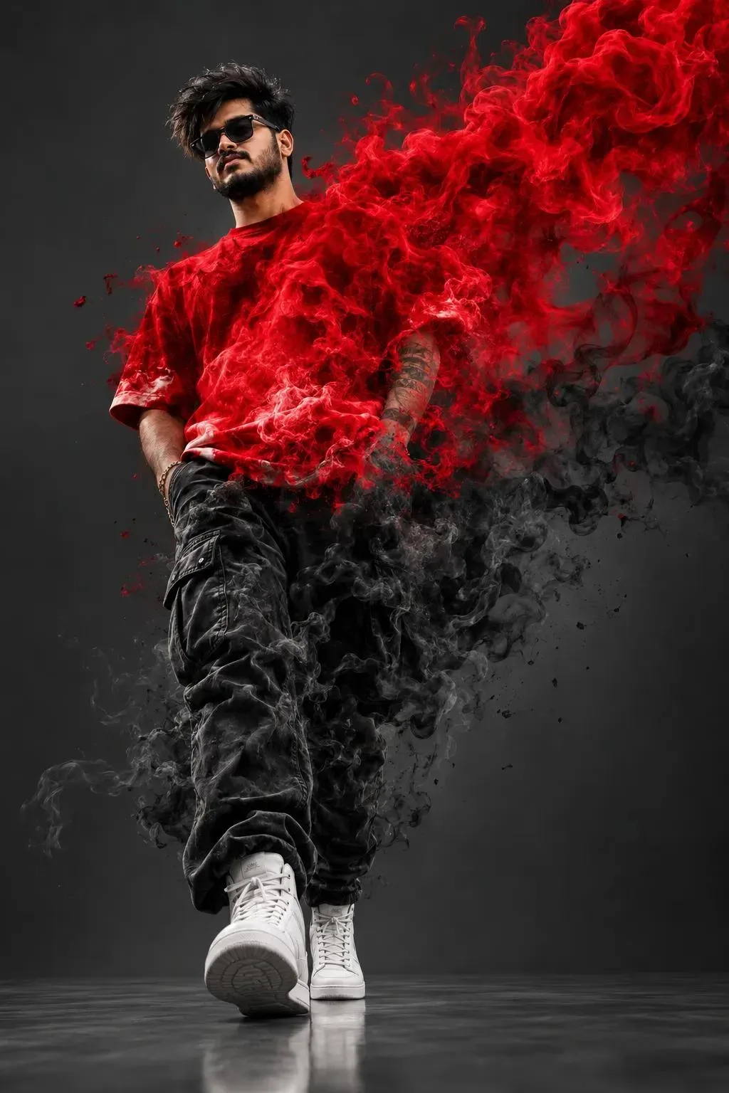 AI Art : Stylized Man Dissolving In Red & Black Smoke AI Photo Prompt preview example result