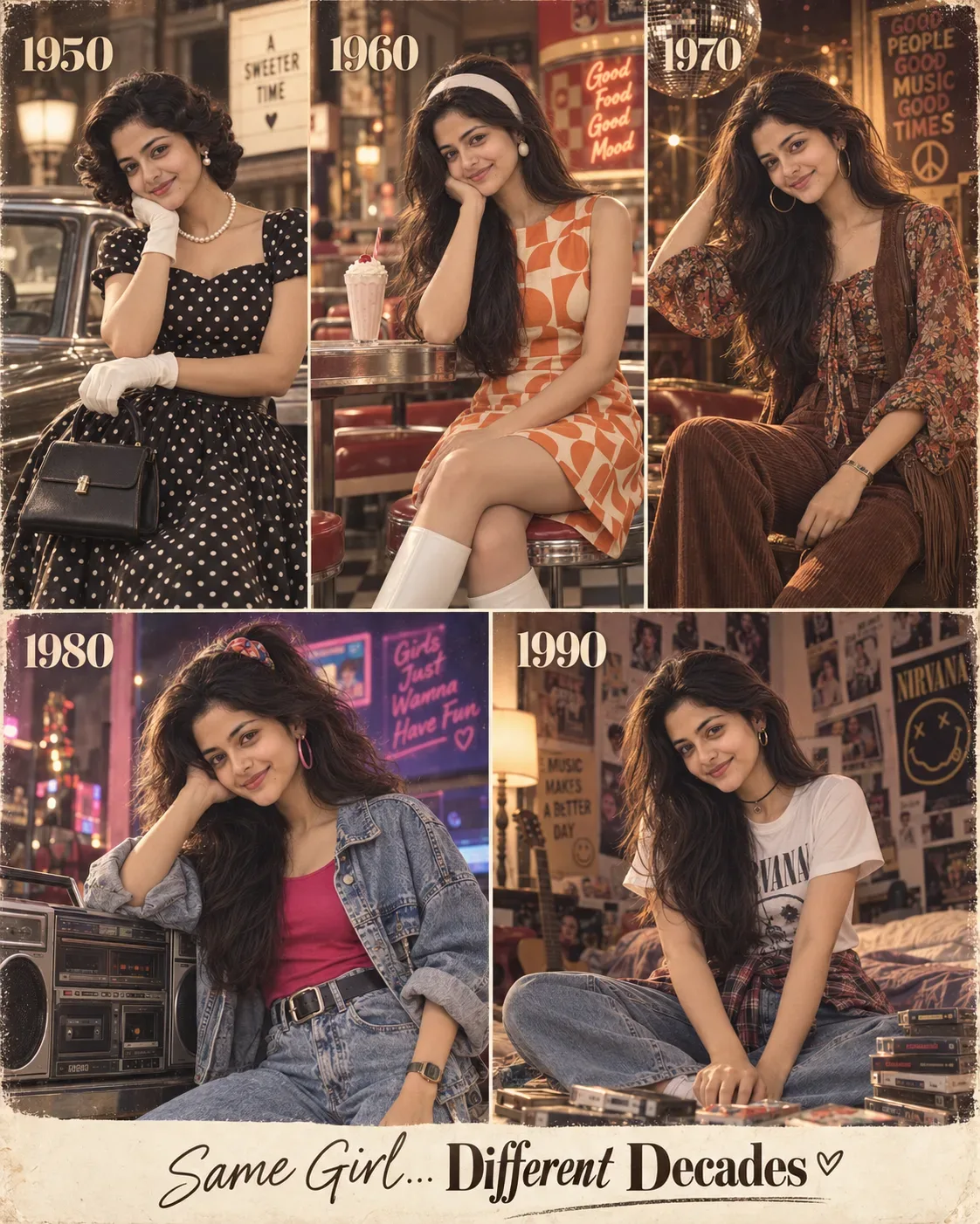 AI Same Girl, Different Decades AI Photo Prompt preview example result
