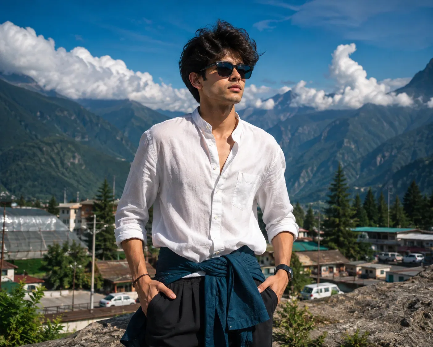 Alpine Horizon Blue Sky, Mountain Light & Modern Menswear AI Photo Prompt preview example result