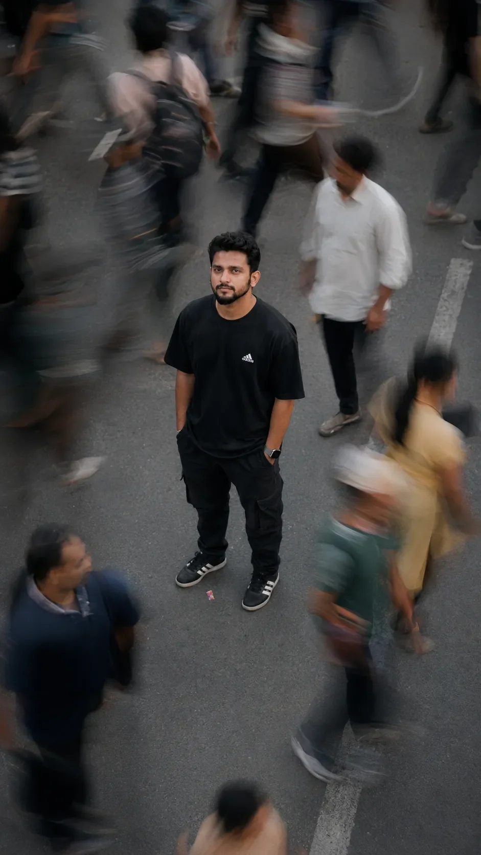 Amidst the blur of the crowd AI Photo Prompt preview example result