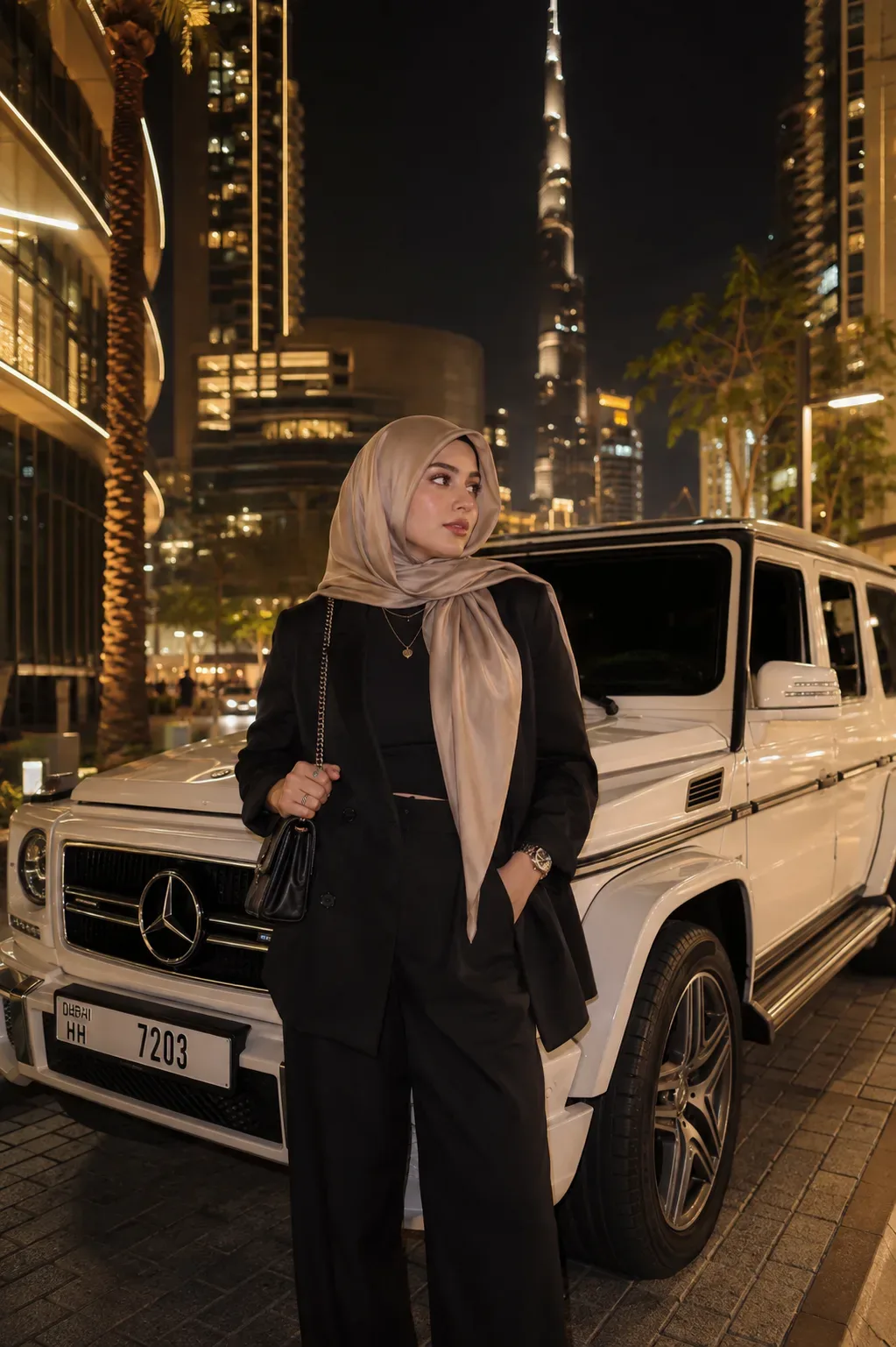 An Ultra Realistic Portrait Of A Young Muslim Women Standing Beside G Wagon AI Photo Prompt preview example result