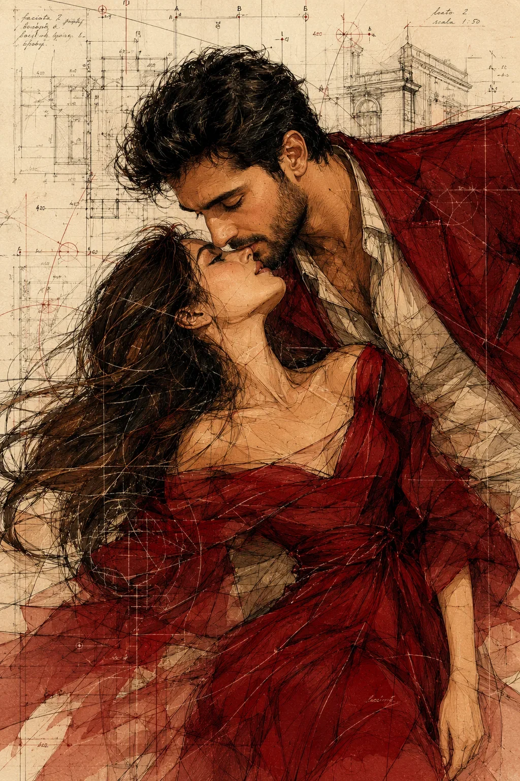 Architectural Romance Couple Illustration Red Ink Fashion Concept Art AI Photo Prompt preview example result