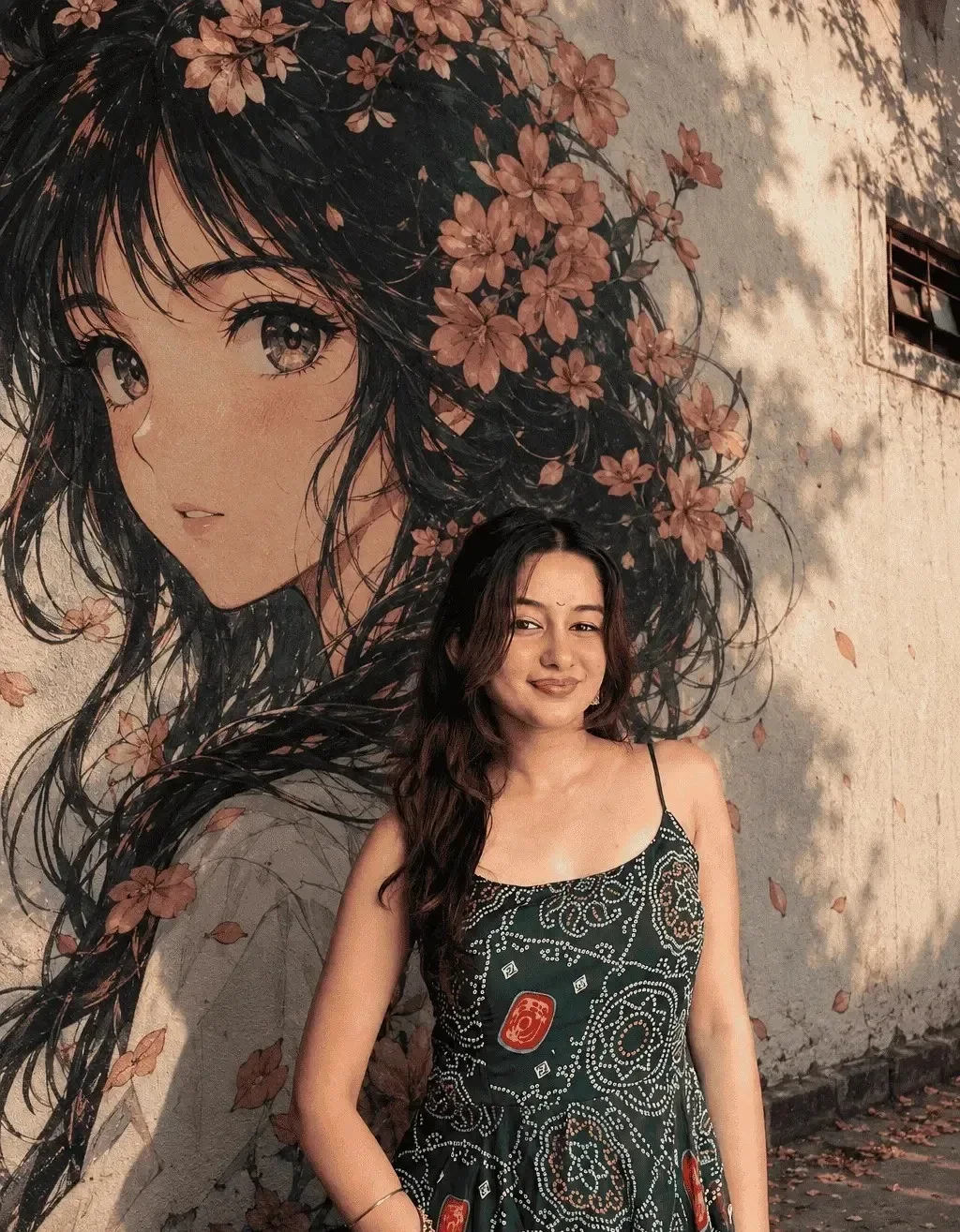 Artistic Portrait With Anime Mural And Floral Background AI Photo Prompt preview example result