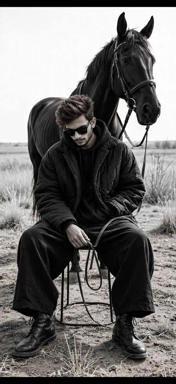 Black Horse Cowboy Aesthetic Moody Black And White Portrait AI Photo Prompt preview example result