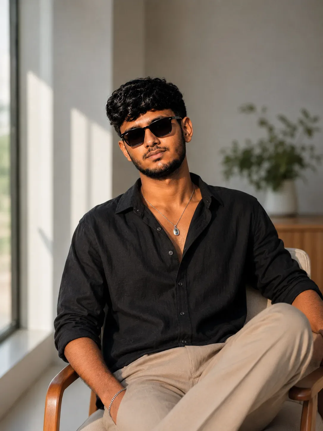 Black Shirt & Silver Locket Sunlit Editorial Portrait AI Photo Prompt preview example result