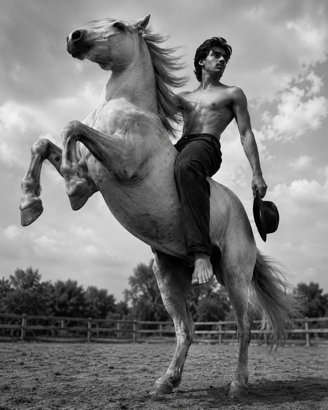 Black & White Horseman Cinematic Editorial AI Photo Prompt preview example result