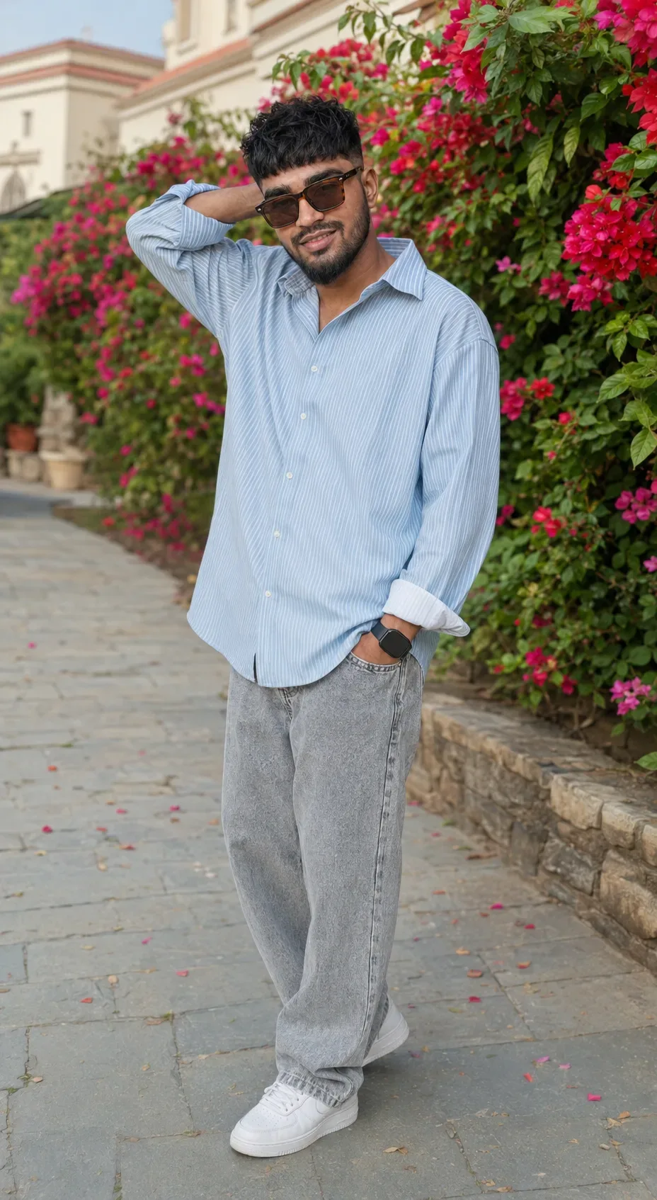 Blooming Bougainvillea Garden Male Full-body Portrait In Striped Shirt AI Photo Prompt preview example result