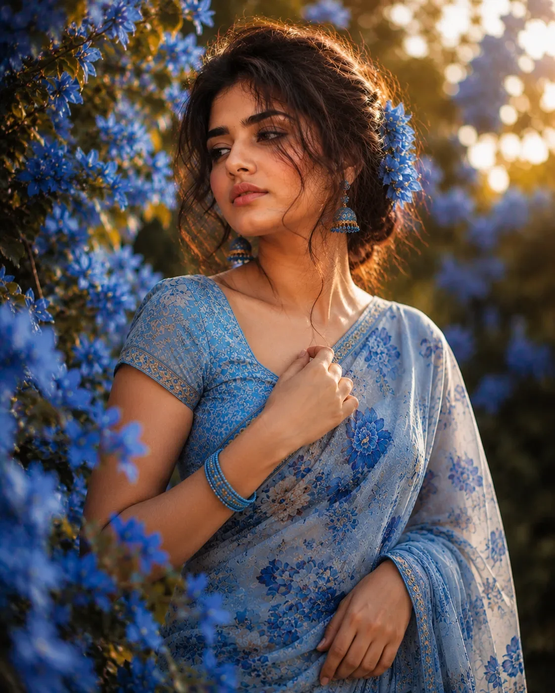 Blue Bougainvillea Saree Portrait Dreamy Cinematic Floral Editorial Photography AI Photo Prompt preview example result