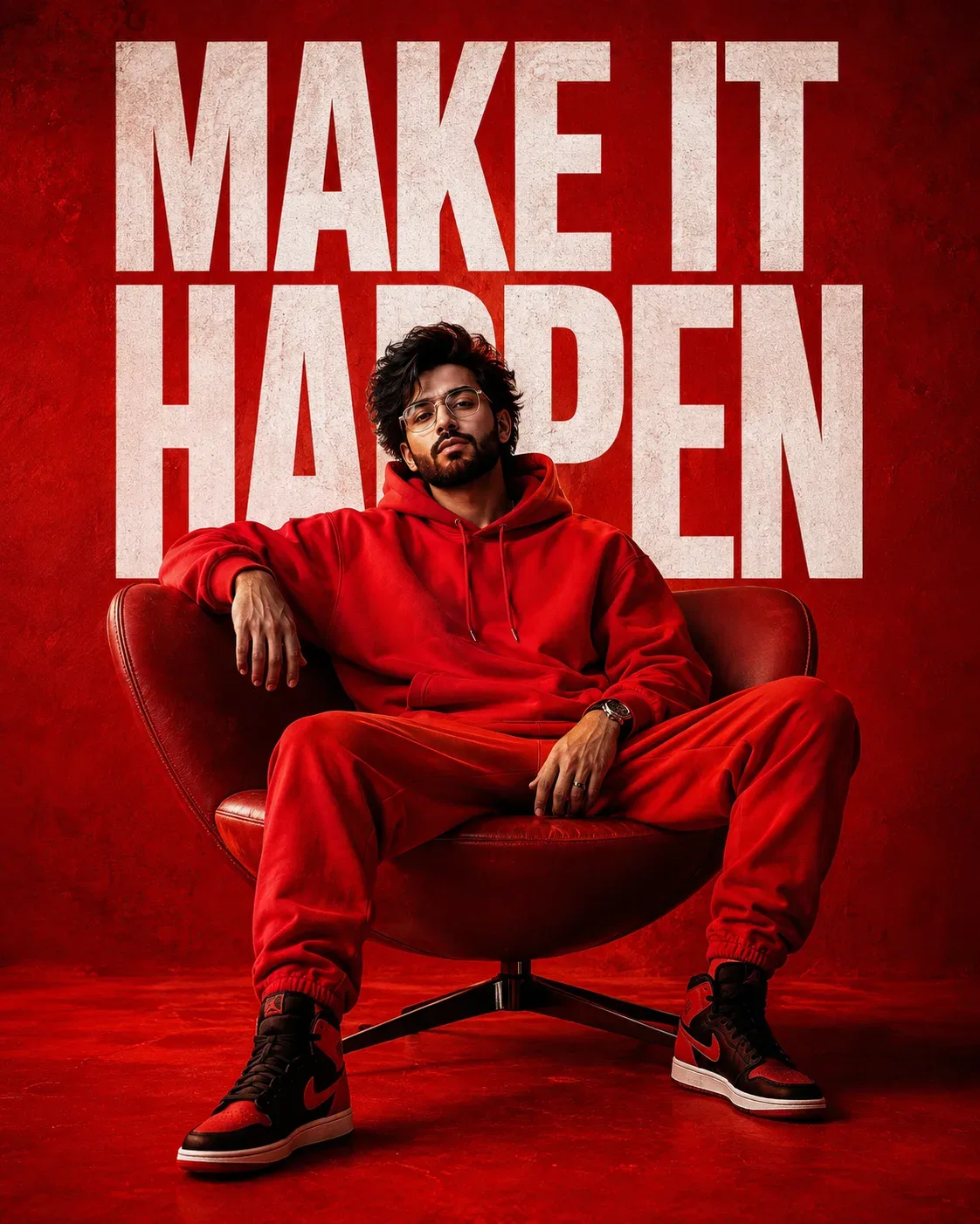 Bold Red MAKE IT HAPPEN Poster Portrait AI Photo Prompt preview example result