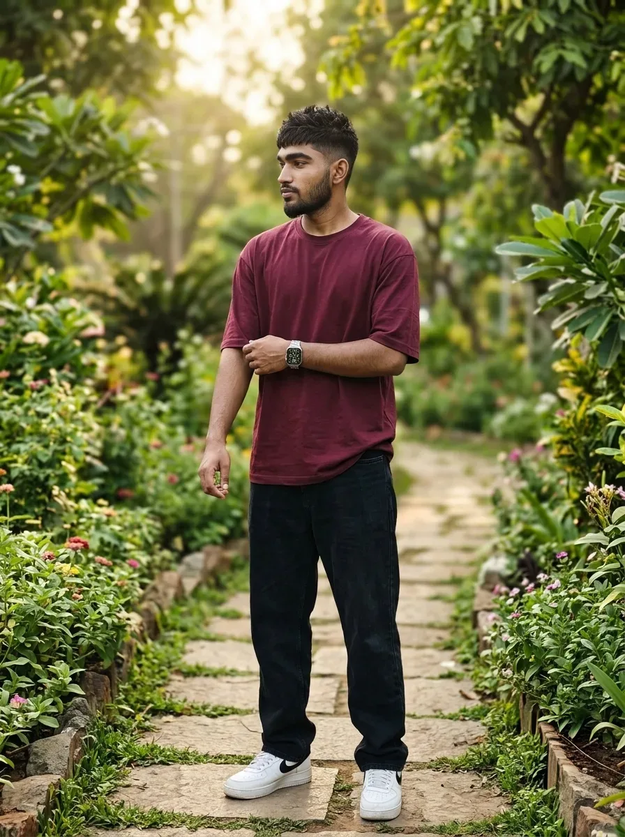 Botanical Garden Stone Pathway Male Portrait In Maroon Oversized Tee AI Photo Prompt preview example result