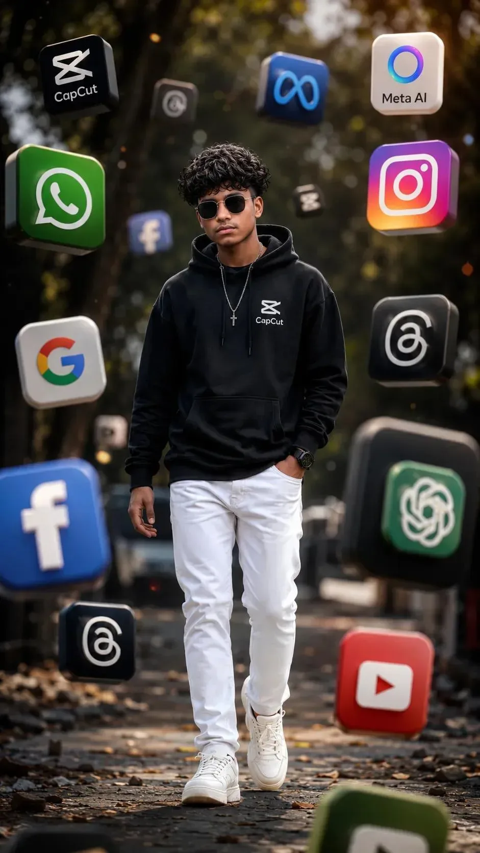 Boy Walking With Floating 3D Social Media Icons AI Photo Prompt preview example result