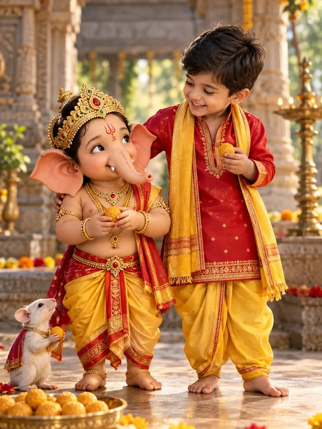Boy With Baby Ganesha Statue Red And Yellow Traditional Attire AI Photo Prompt preview example result