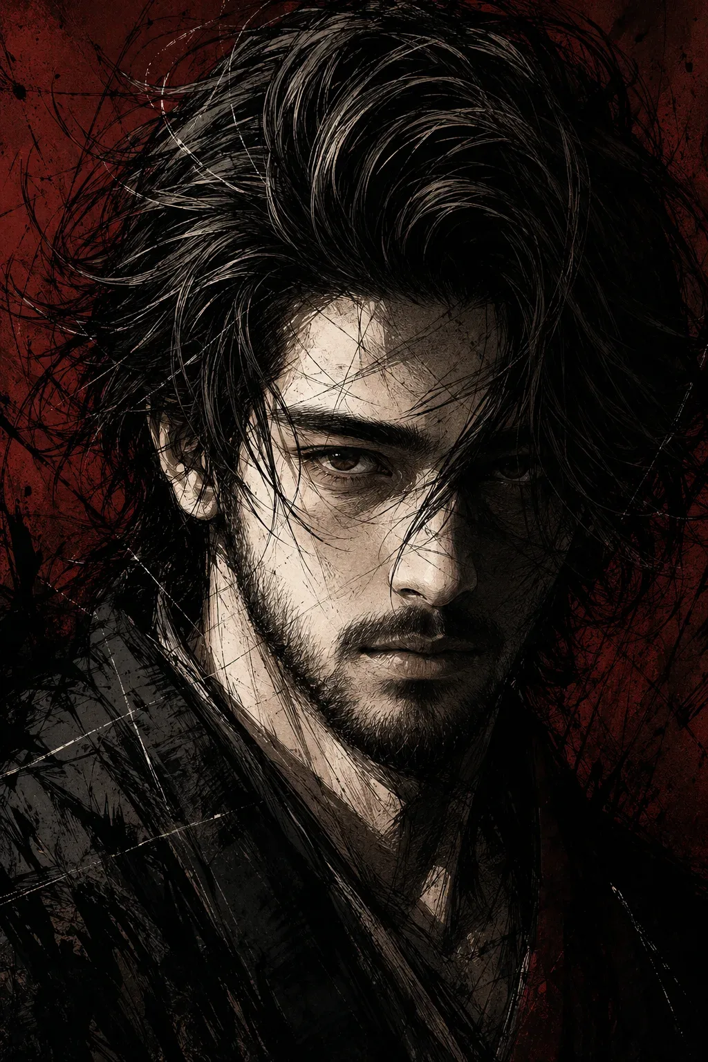 Brooding Ink Portrait On Crimson AI Photo Prompt preview example result