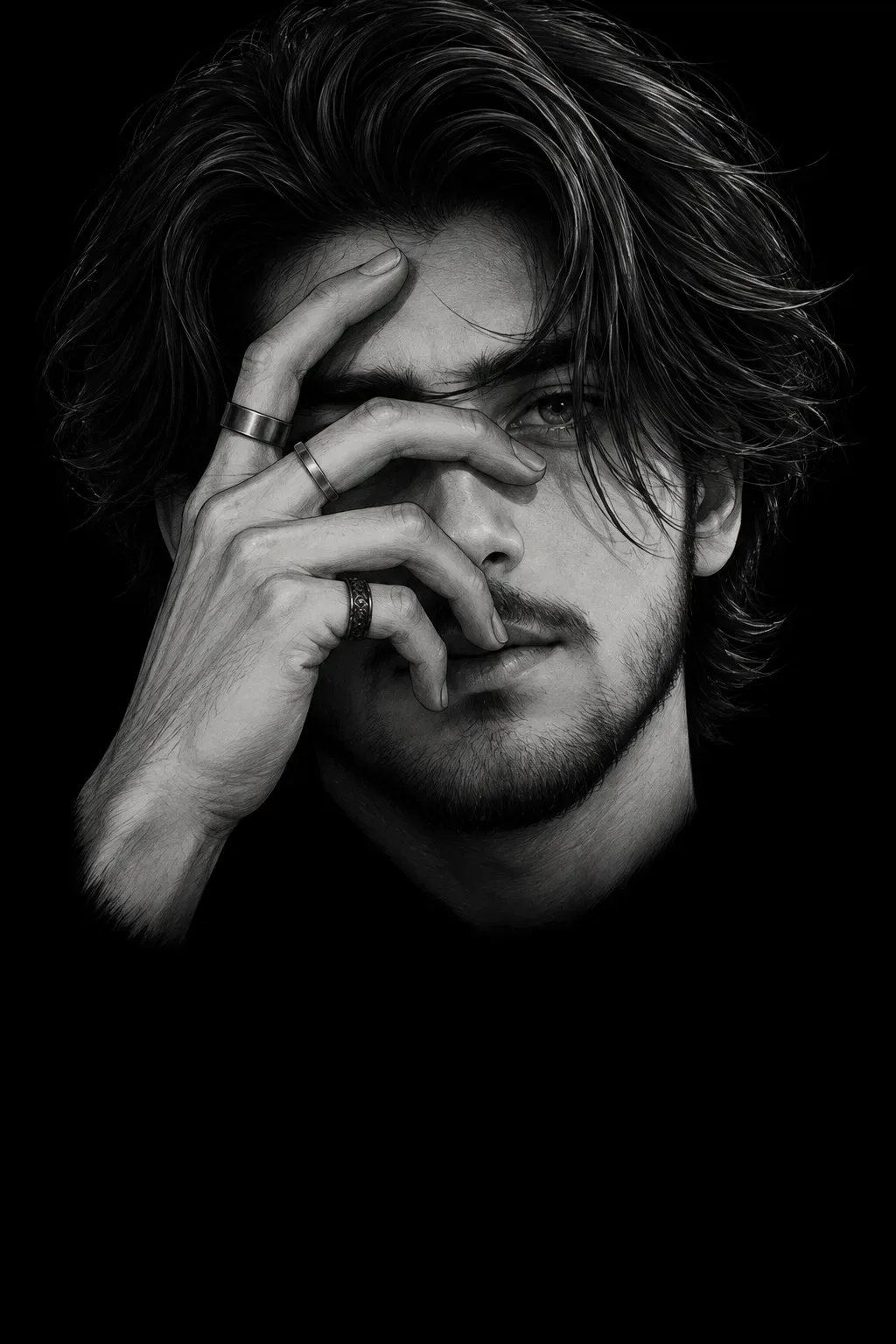 Brooding Monochrome Portrait With Hand Gesture AI Photo Prompt preview example result