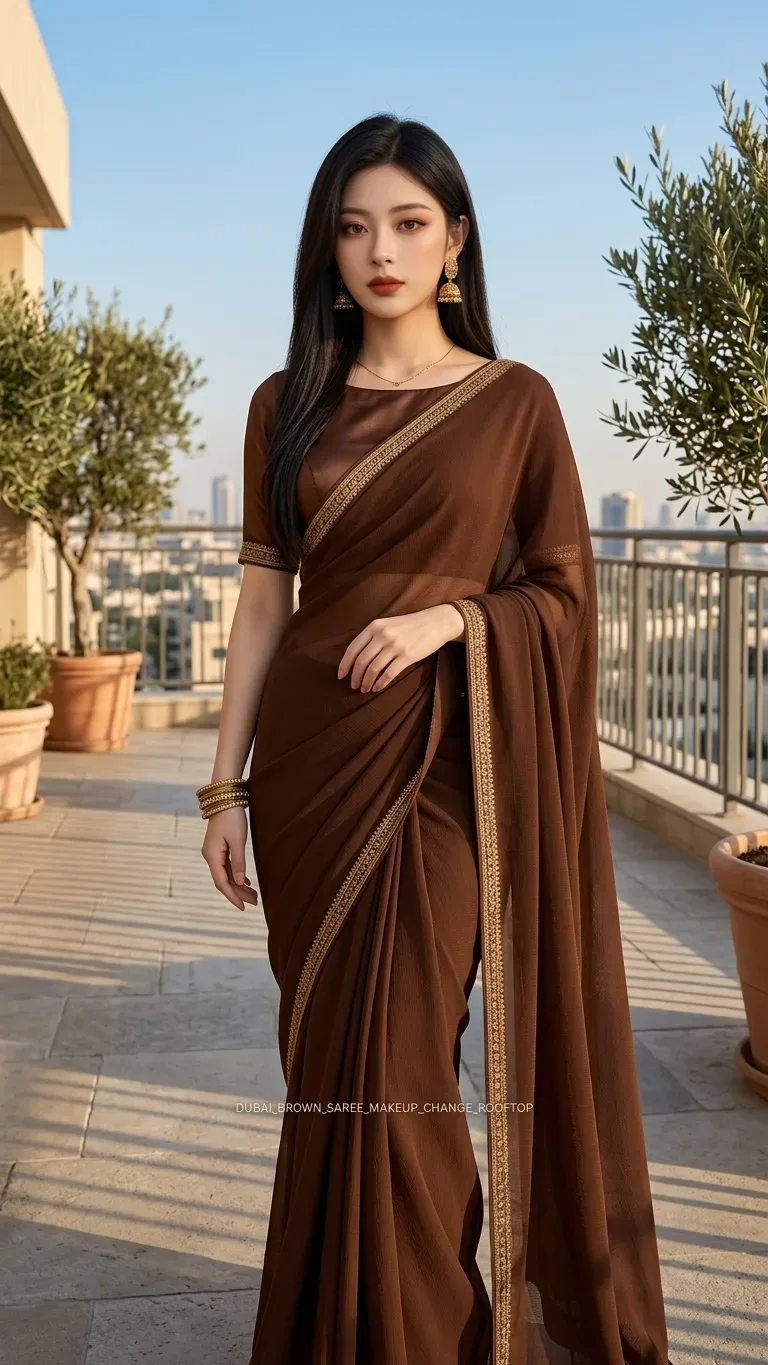 Brown Saree Rooftop Portrait AI Photo Prompt preview example result