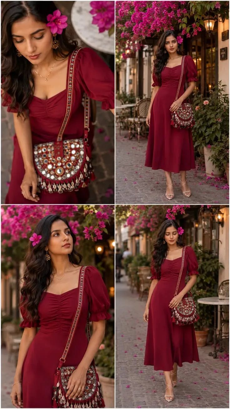 Burgundy Bougainvillea Cinematic European Street Fashion Editorial AI Photo Prompt preview example result