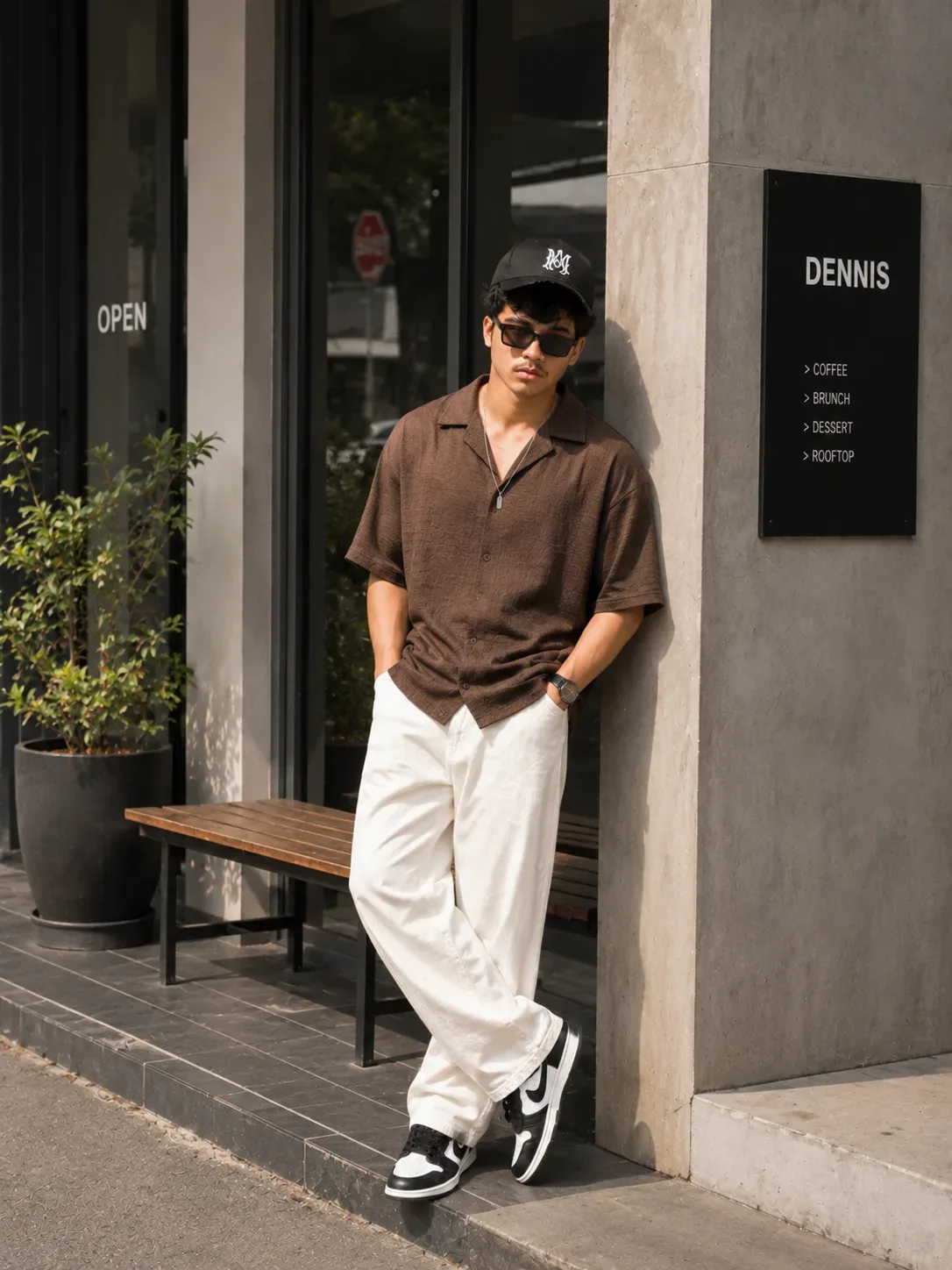Cafe Side Bench Vibes Casual Street Fashion Look AI Photo Prompt preview example result
