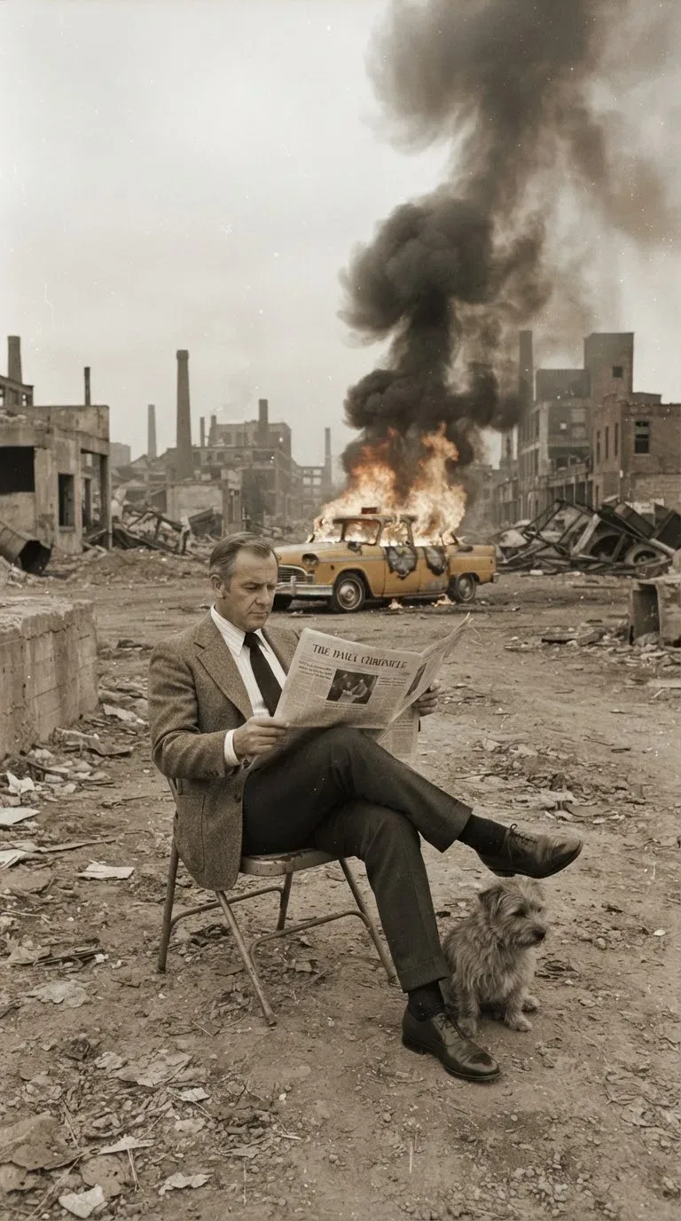 Calm Man Reading Amid Chaos Surreal Vintage Wasteland Portrait AI Photo Prompt preview example result
